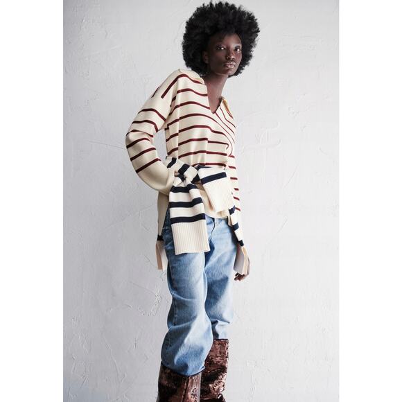 NWT Zara Oversized Striped Knit Polo Sweater Ecru Red Size Small Collared Top - Picture 5 of 16